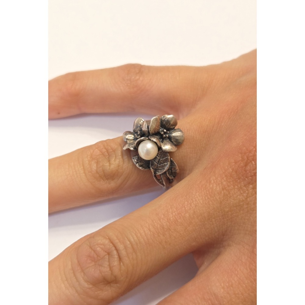Vintage Trollbeads Sterling Silver & Pearl Hawthorne 3D Ring Size 53 (6.5)